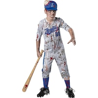 Kids' Baseball Player  Blue/White Blood-Splattered Uniform with Shirt/Pants/Hat/Socks Halloween Costume, Assorted Sizes Front_Flat