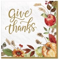 Serviettes de table en papier jetables citrouille et fleur Give Thanks Jour de gratitude, multicolore, 8 po, paq. 36, 2 épaisseurs, décoration de table pour l'Action de grâce Front_Flat