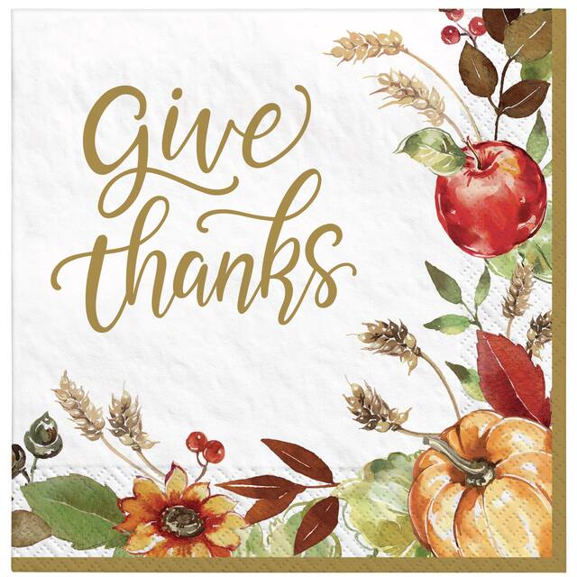 Serviettes de table en papier jetables citrouille et fleur Give Thanks Jour de gratitude, multicolore, 8 po, paq. 36, 2 épaisseurs, décoration de table pour l'Action de grâce Front_Flat
