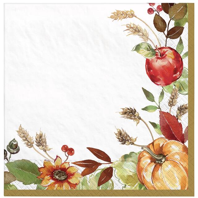 Grateful Day Square Paper Disposable Lunch Napkins, Multi-Coloured, Pumpkin/Flower, 6.5-in, 36-pk, 2-ply, for Thanksgiving Front_Flat