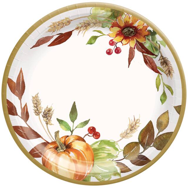 Grateful Day Round Paper Disposable Dessert Plates, Multi-Coloured, 7-in, 18-pk, for Thanksgiving Overhead_Flat