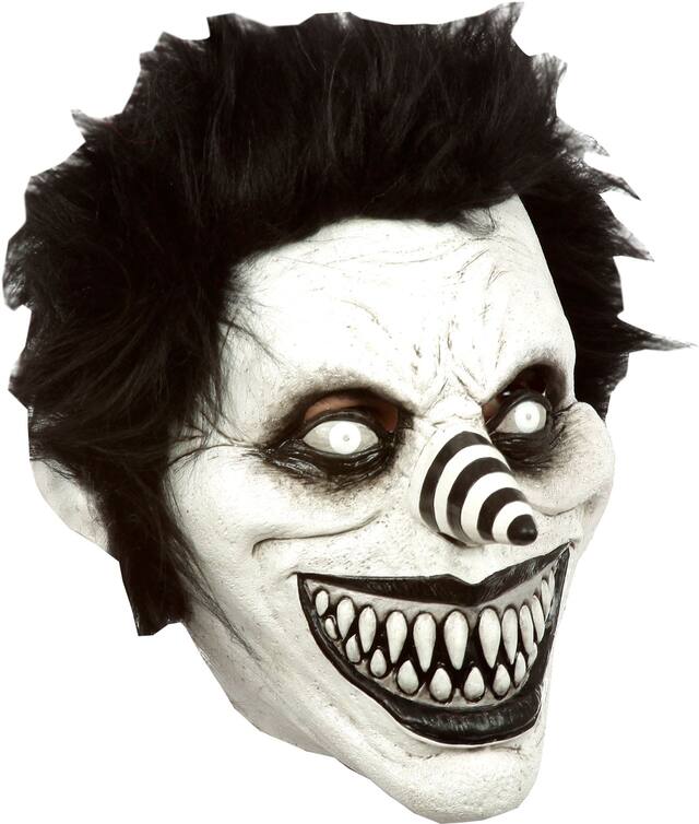 Creepypasta Laughing Jack Face Mask with Hair, Black/White, One Size, Wearable Costume Accessory for Halloween Front_Angled_Right