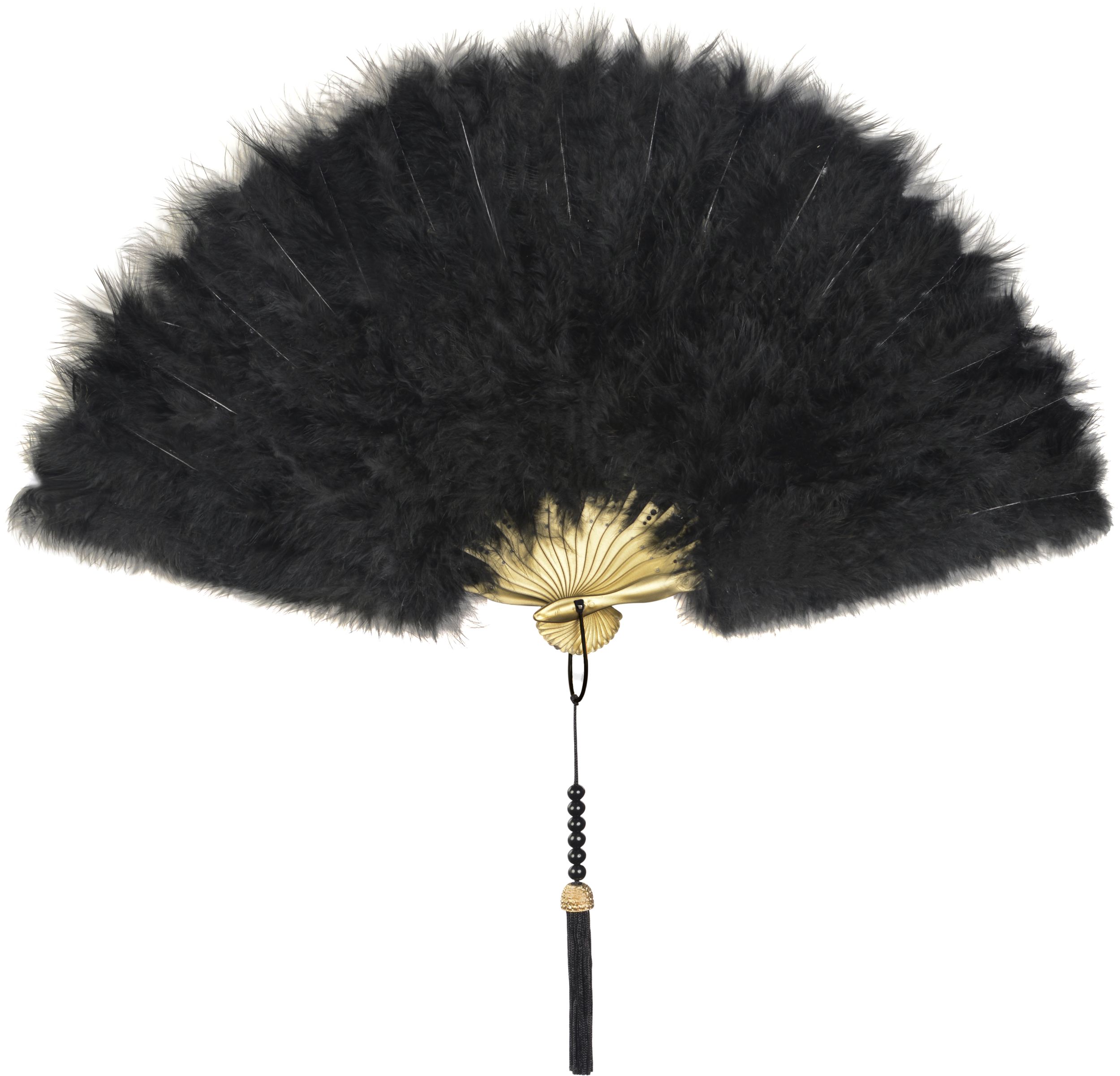1920s Feathered Fan, Black/Gold, One Size, Wearable Costume Prop for Halloween Overhead_Flat