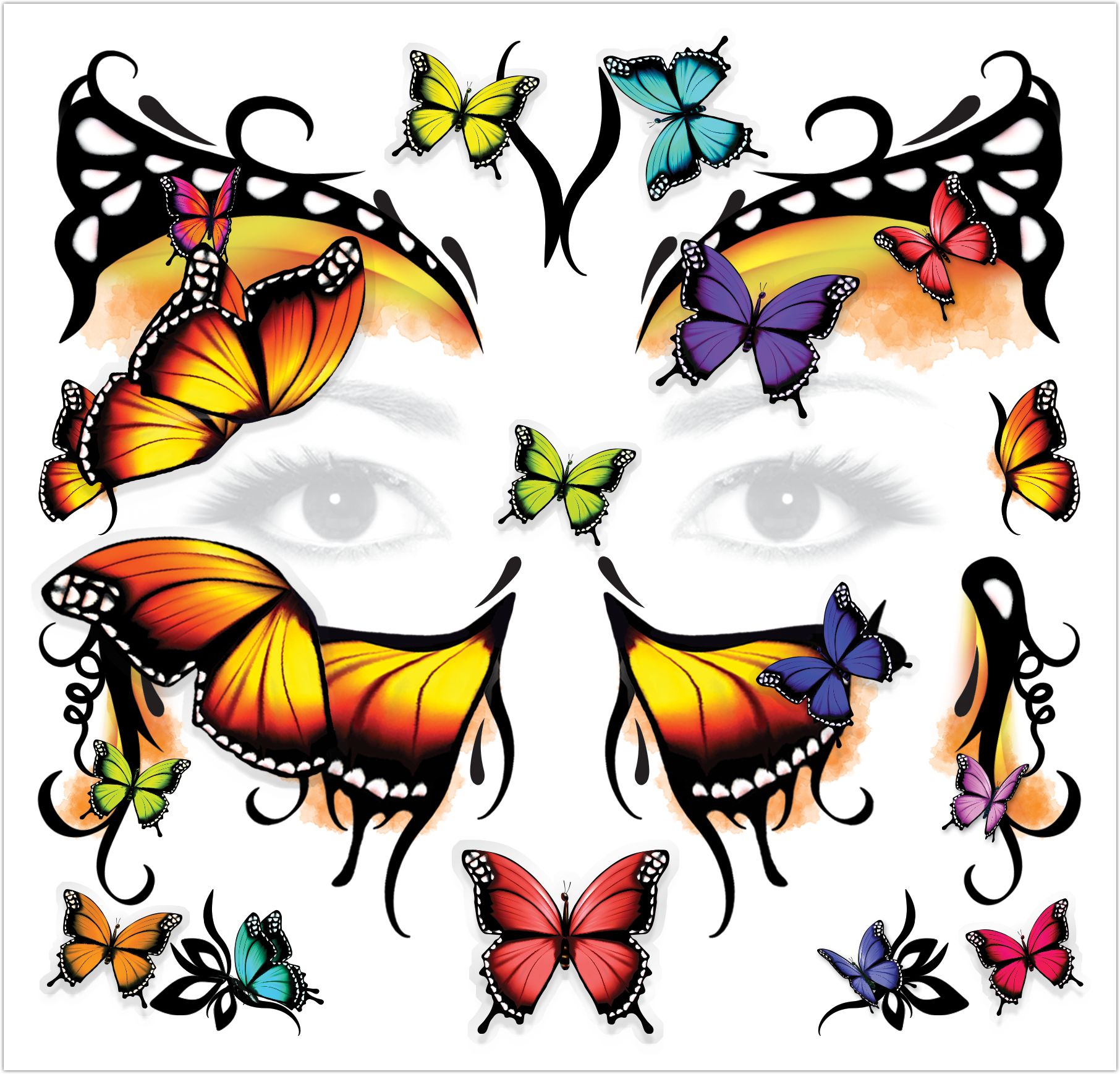 Tatouages temporaires de papillon 3D et autocollants, multicolore, paq. 30, cadeaux-surprises à porter pour l'Halloween Overhead_Flat