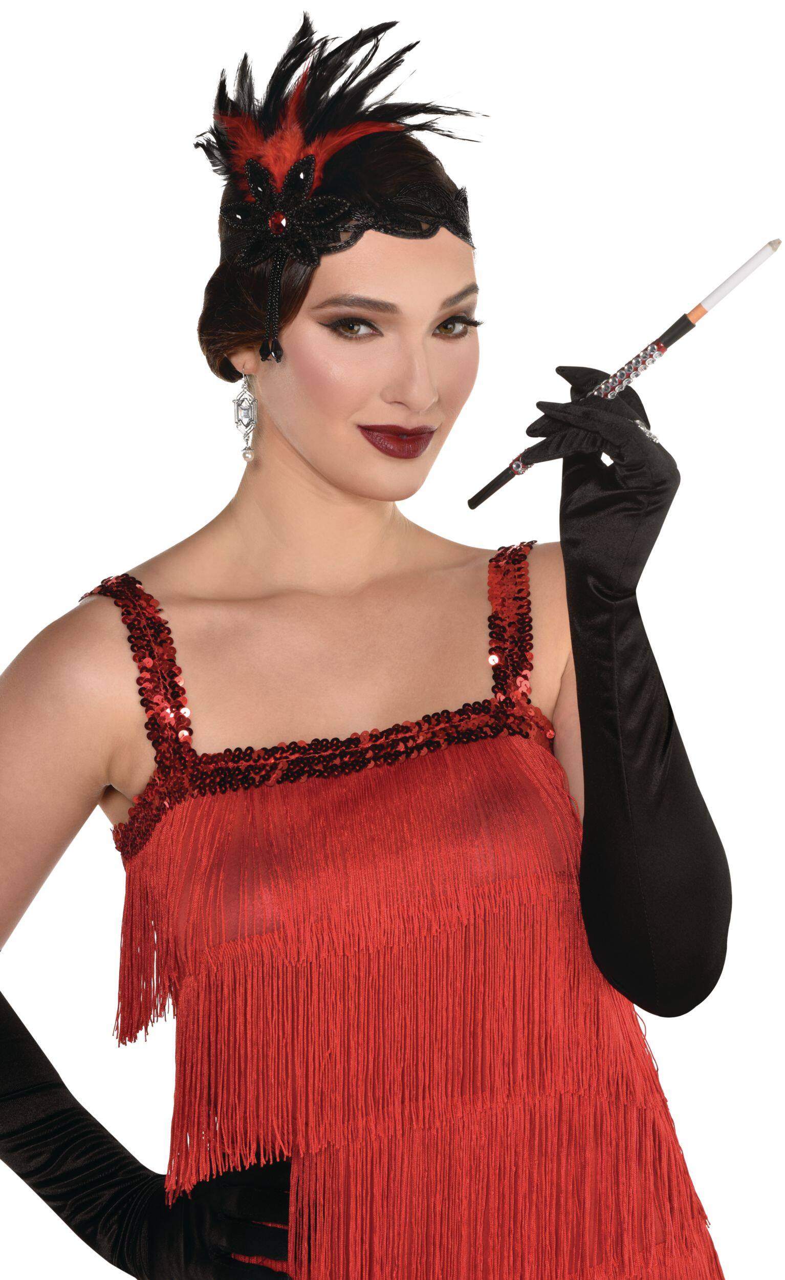 1920s Fashionable Sequin & Feather Flapper Headband, Red/Black, One Size, Wearable Costume Accessory for Halloween Front_Flat