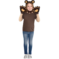 Kids' Bear Costume Kit with Headband Plush Ears, Bow Tie, Necklace & Paw Gloves, Brown, One Size, 4-pk, Wearable Costume Accessories for Halloween Front_Flat
