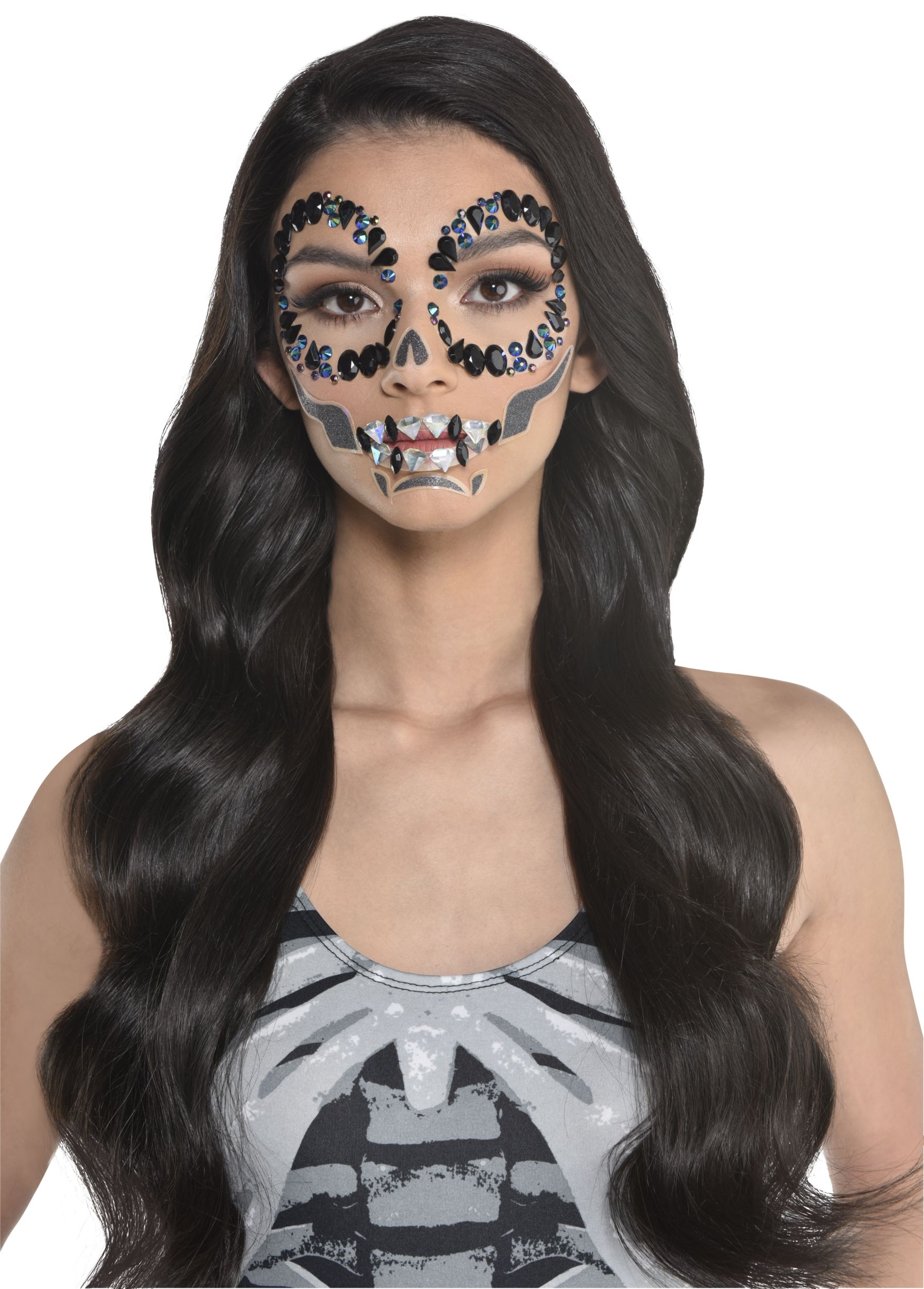 Skeleton Face Gemstone Stickers Jewelry, Black/Silver, One Size, 10-pk, Wearable Costume Accessories for Halloween Front_Flat