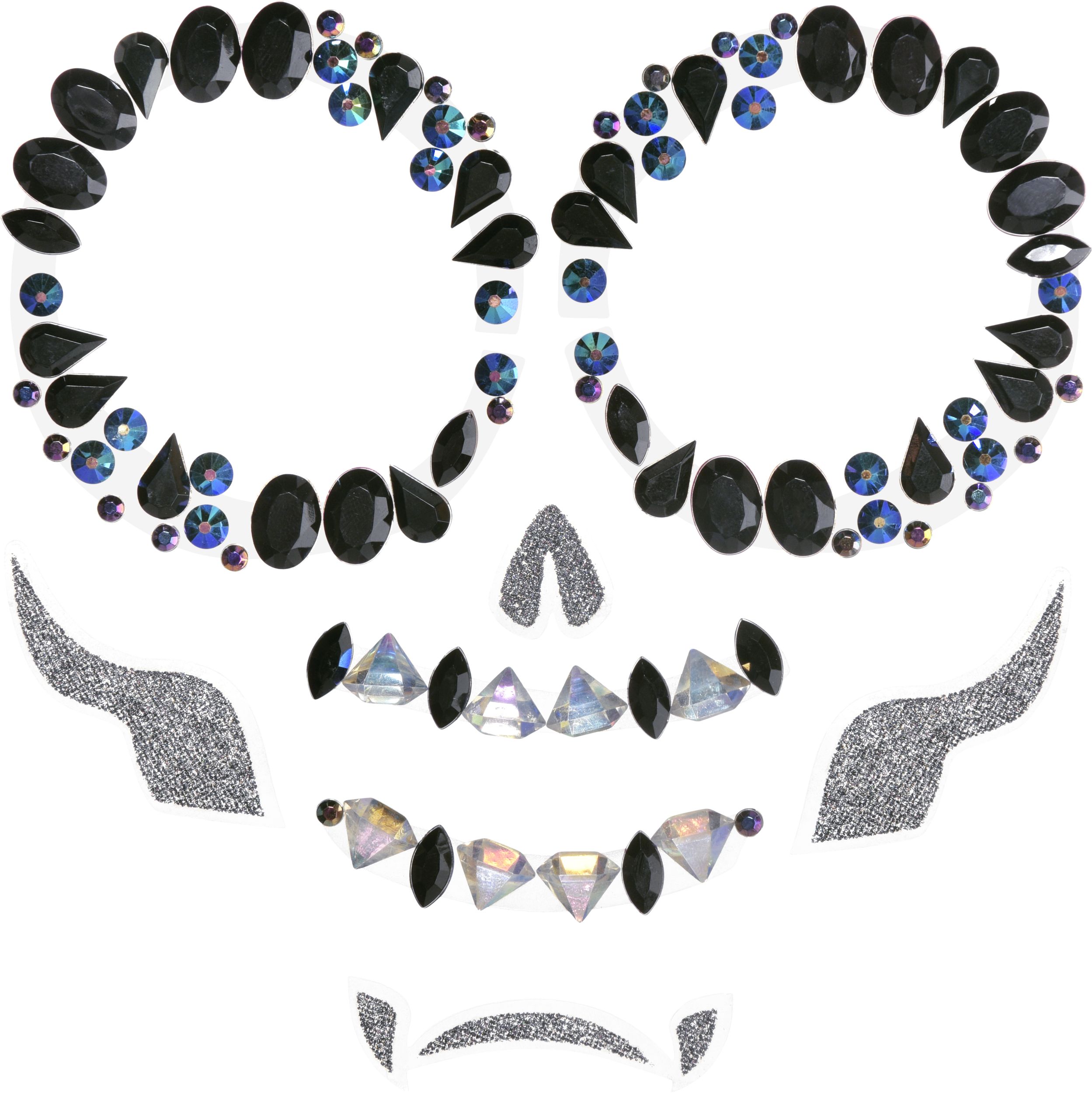 Skeleton Face Gemstone Stickers Jewelry, Black/Silver, One Size, 10-pk, Wearable Costume Accessories for Halloween Front_Flat