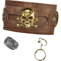 Bijoux de pirate à motif de tête de mort avec bracelet, bague et boucles d'oreilles, doré/brun, taille unique, paq. 3, accessoires de costume à porter pour l'Halloween