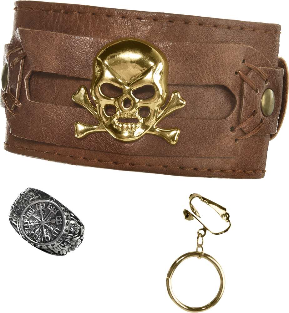 Pirate Captain Skull Jewelry Kit with Bracelet Ring Earring Gold Brown One Size 3 pk Wearable Costume Accessories for Halloween