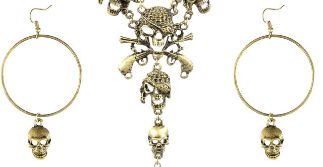 Pirate Maiden Skull Necklace & Earrings Jewlery, Gold, One Size, 3-pk, Wearable Costume Accessories for Halloween Front_Flat