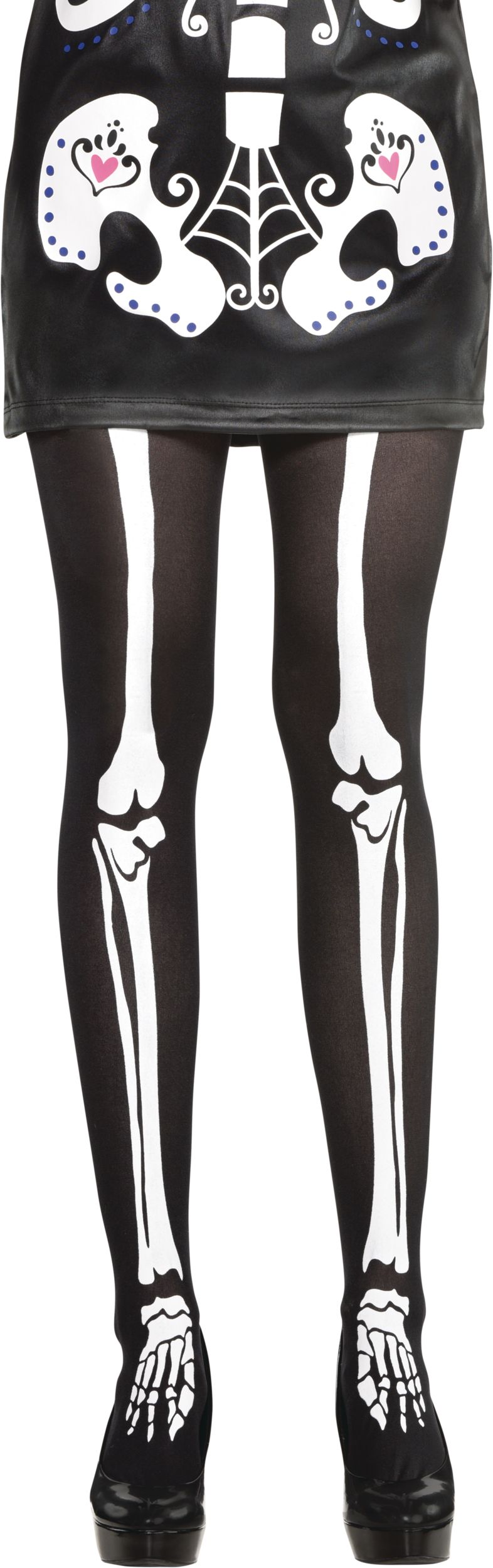 Adult Skeleton Bone Semi-Opaque Seamless Tights, Black/White, M/L