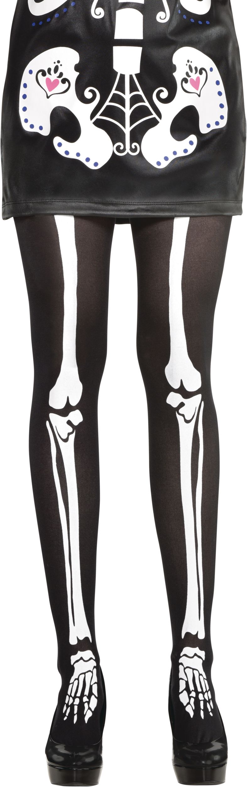 Collant sans couture semi-opaque à motif d'os de squelette pour adulte, noir/blanc, moyen/grand, accessoire de costume à porter pour l'Halloween Front_Flat