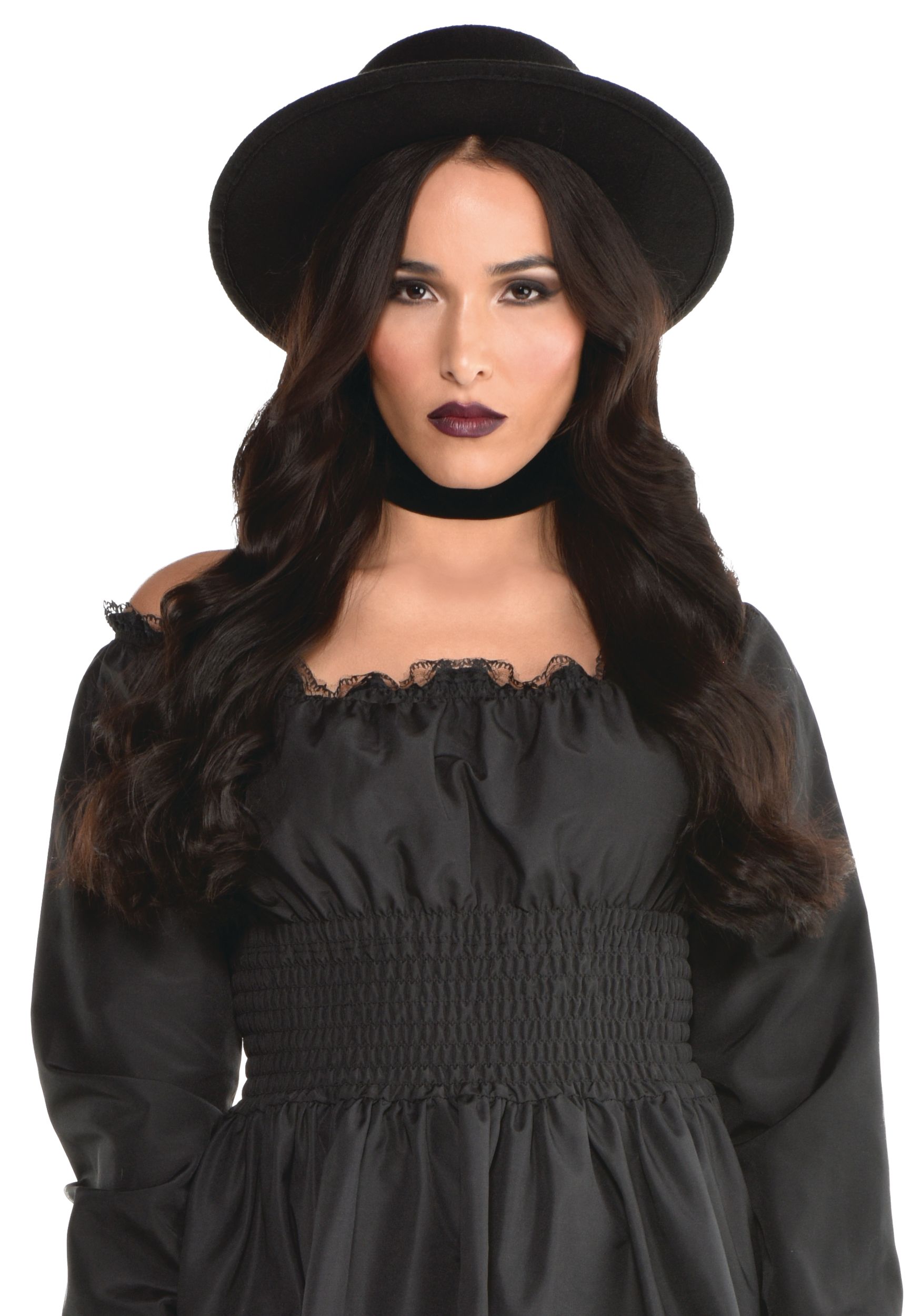 Wide Brim Hat for Gothic Halloween Look, Cotton, Black, Youth & Adult, One Size Front_Flat