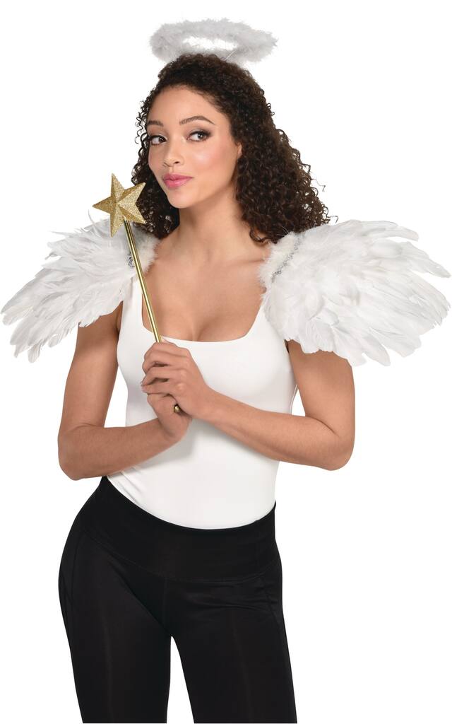 Ailes d’épaules d’ange en plumes blanches pour costume d’Halloween Front_Angled_Left