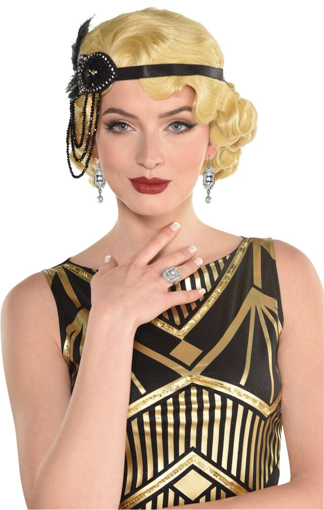 Boucles d'oreilles et bagues en diamant Art déco des années 1920, argenté, taille unique, paq. 2, accessoires de costume à porter pour l'Halloween Front_Flat