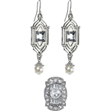 1920s Art Deco Diamond Earrings & Ring Jewelry, Silver, One Size, 2-pk, Wearable Costume Accessories for Halloween Front_Flat
