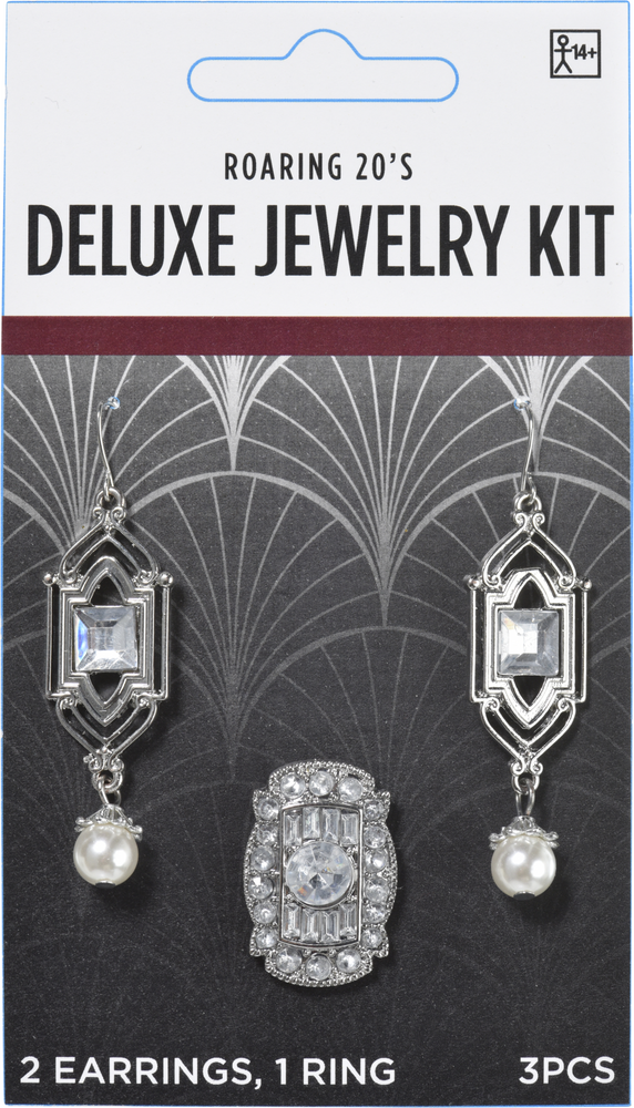 1920s Art Deco Diamond Earrings & Ring Jewelry, Silver, One Size, 2-pk,  Wearable Costume Accessories for Halloween