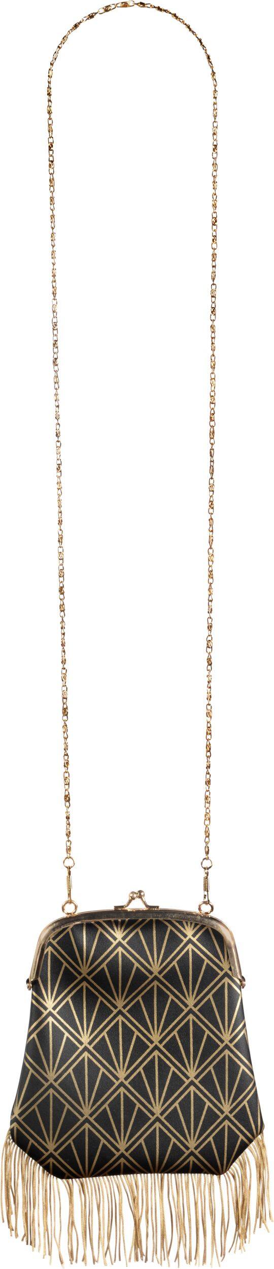 1920s Long Chain Handbag with Fringe, Black/Gold, 7-in, Wearable Costume Accessory for Halloween Overhead_Flat