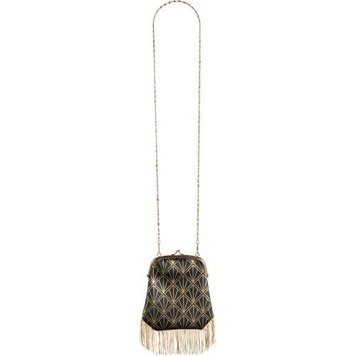1920s Long Chain Handbag with Fringe, Black/Gold, 7-in, Wearable Costume Accessory for Halloween