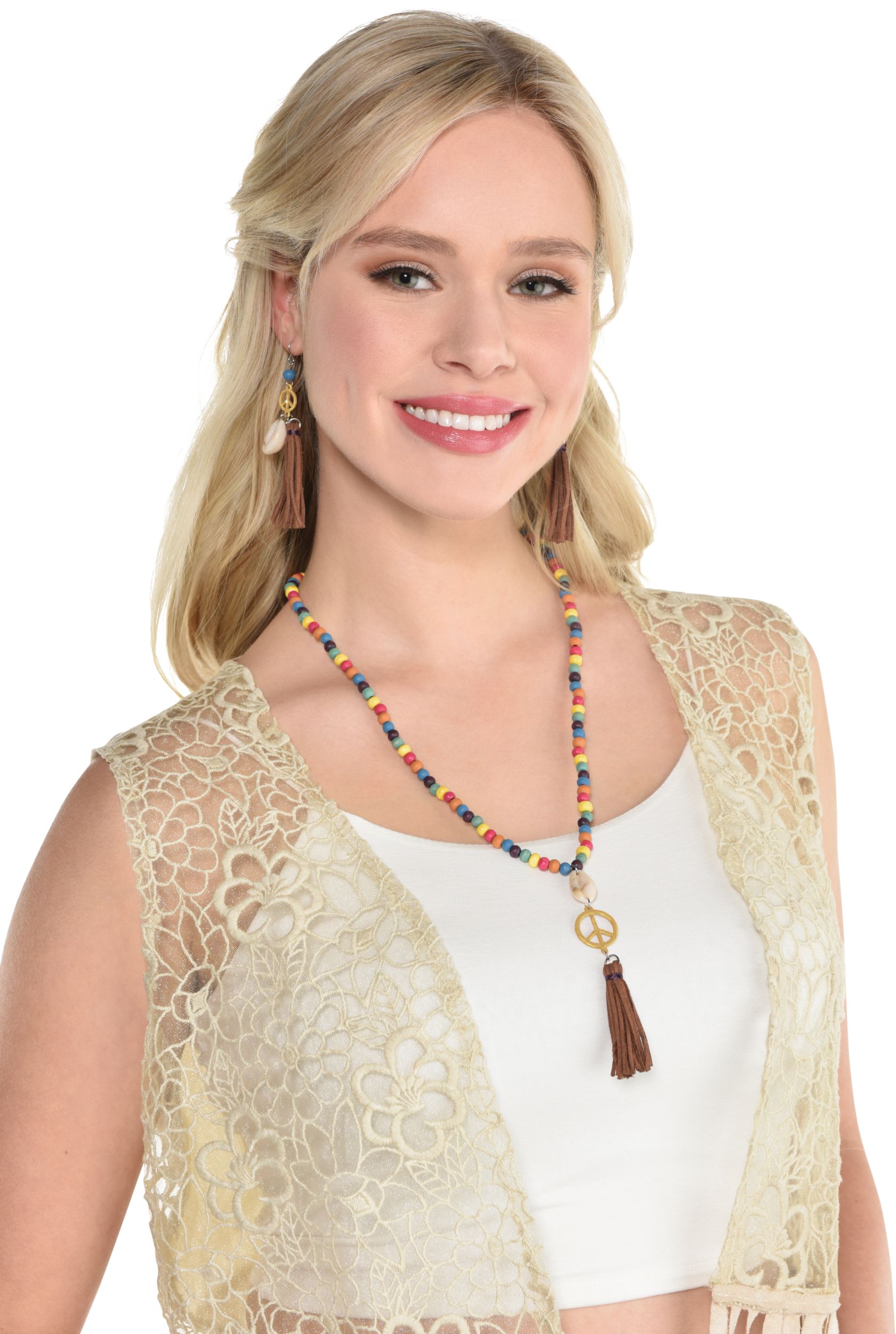 1960s Hippie Beaded Earrings & Necklace Jewelry, Multi-Coloured, One Size, 2-pk, Wearable Costume Accessories for Halloween Front_Angled_Right