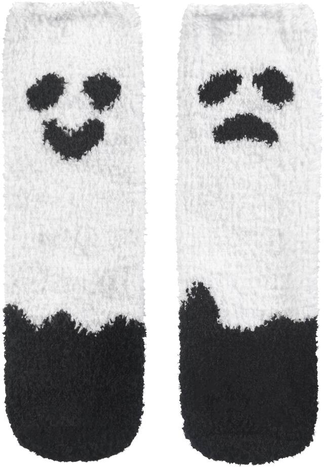 Adult Ghost Fuzzy Ankle Socks, Black/White, One Size, Wearable Costume Accessory for Halloween Overhead_Flat