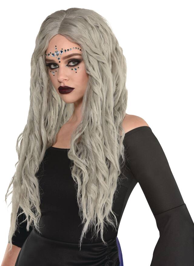 Bohemian Waves Long Hair Wig, Grey, One Size, Wearable Costume Accessory for Halloween Front_Angled_Left