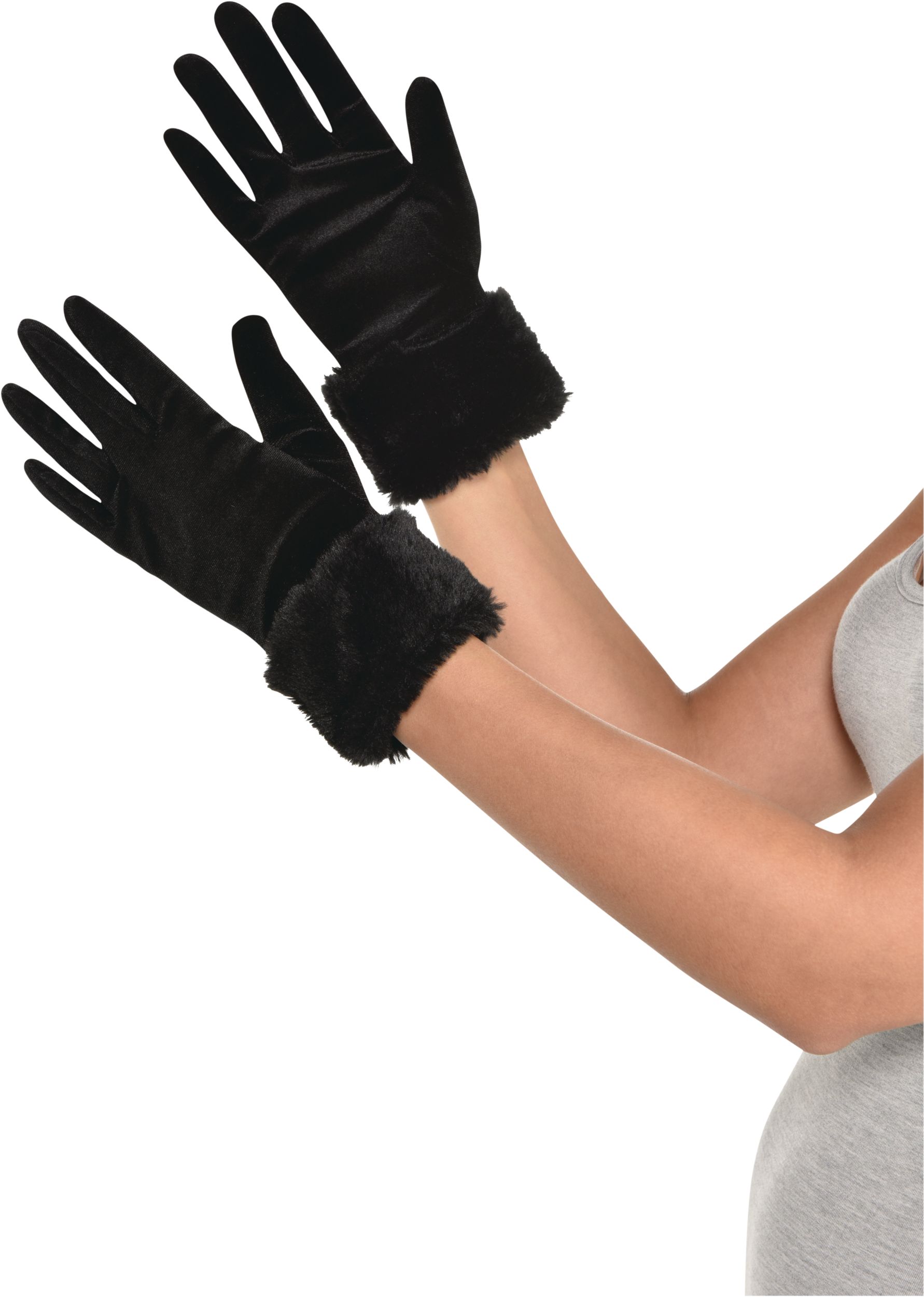Adult Faux Fur Trim Cuff Gloves, Black, One Size, Wearable Costume Accessory for Halloween Side_Left