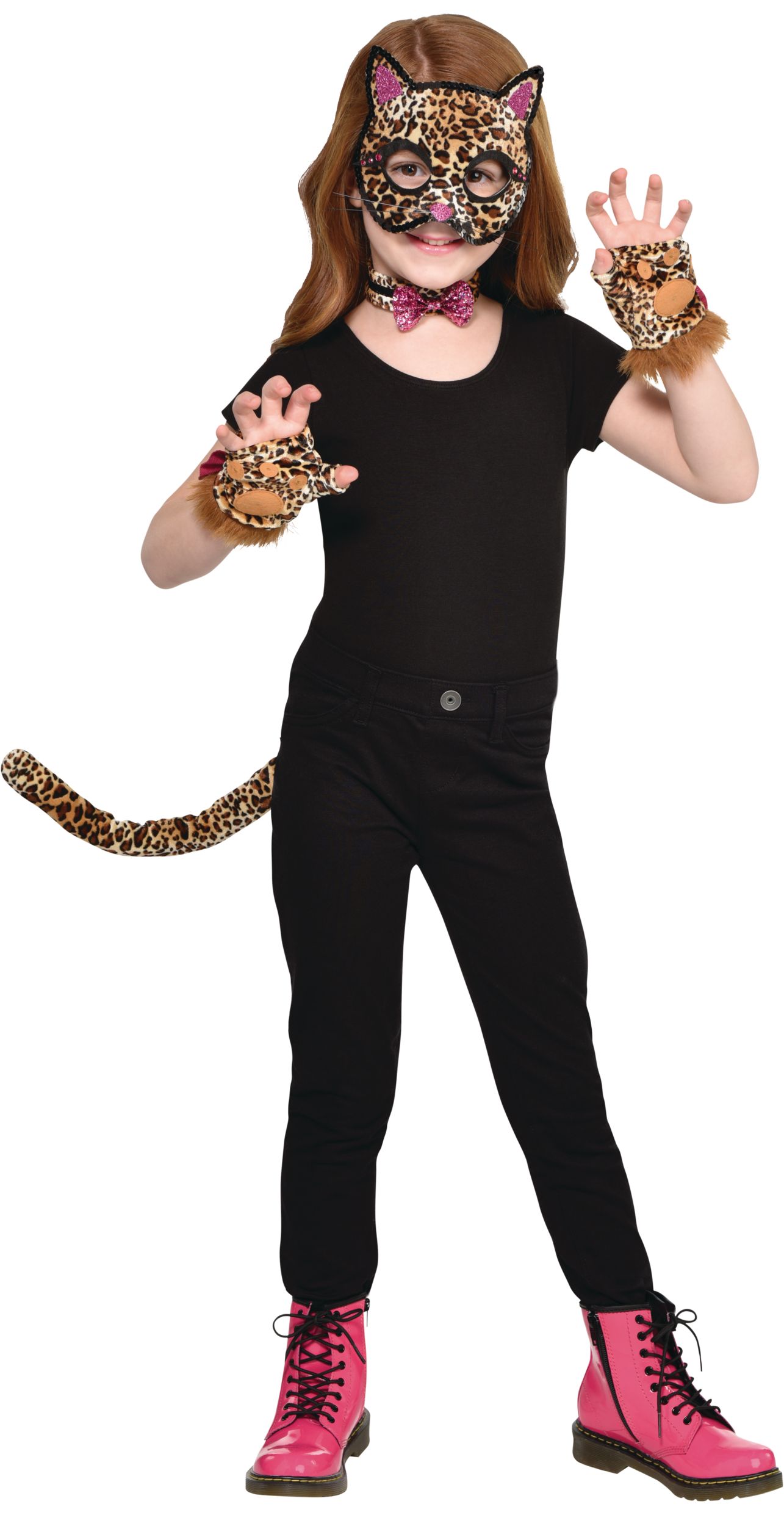 Accessoires de léopard pour enfants avec masque, collier ras du cou et  gants sans doigts, noir/brun, taille unique, paq. 4, accessoires de costume  à porter pour l'Halloween