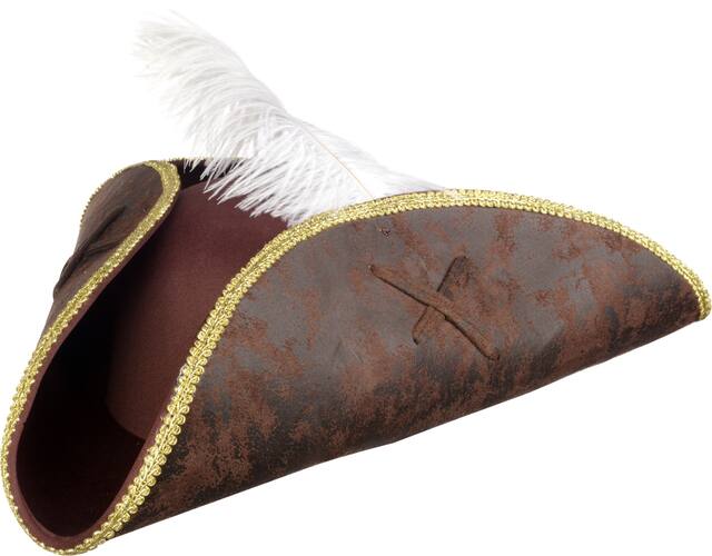 Pirate Authentic Tricorn Hat with Feather, Brown, One Size, Wearable Costume Accessory for Halloween Front_Angled_Left