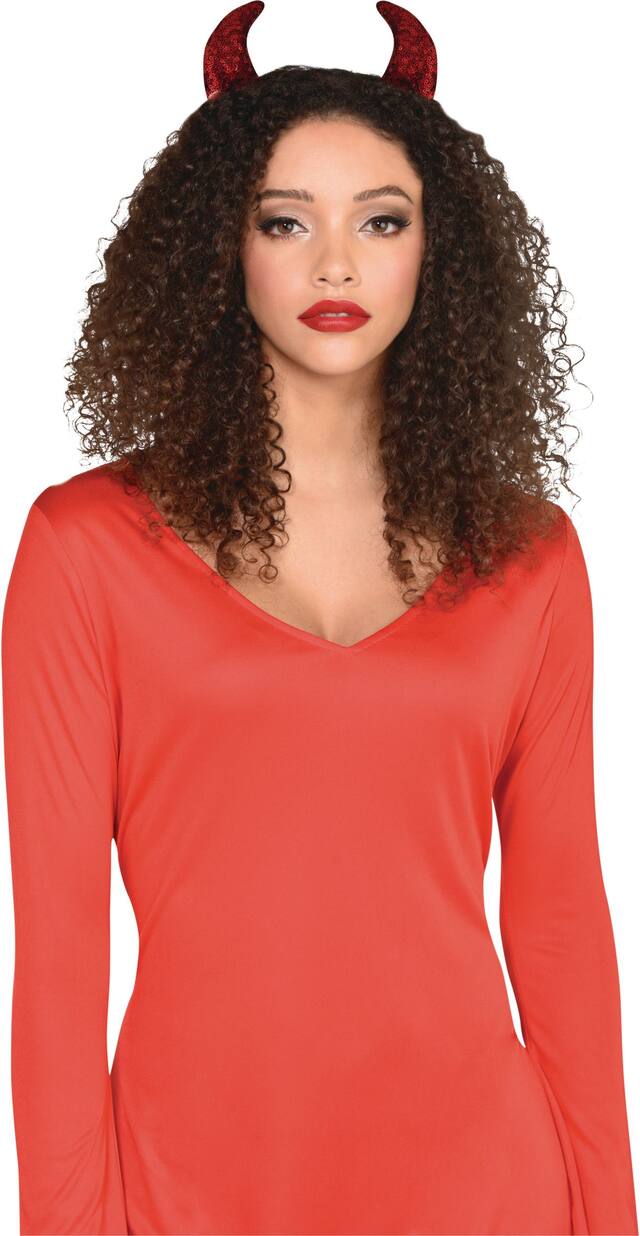 Serre-tête de cornes de diable à paillettes, rouge, taille unique, accessoire de costume à porter pour l'Halloween Front_Flat