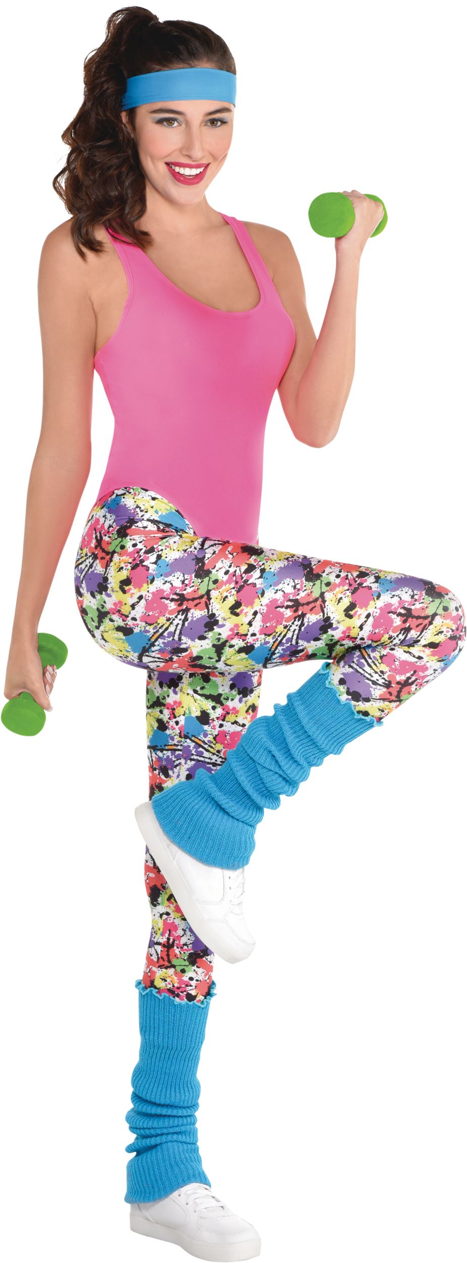 Adult 1980s Exercise Outfit with Body Suit, Leg Warmers & Head Sweatband,  Pink/Blue, 4-pk, Costume Accessories for Halloween