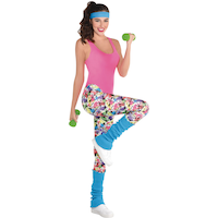 Tenue d'exercice des années 1980 pour adulte avec combinaison, jambières et serre-tête absorbant, rose/bleu, paq. 4, accessoires de costume pour l'Halloween Front_Angled_Right