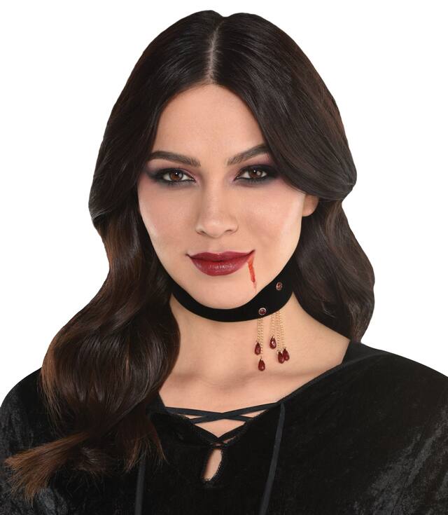Blood Drop Gemstone Vampire Bite Choker Necklace, Red/Black, One Size, Wearable Costume Accessory for Halloween Front_Flat