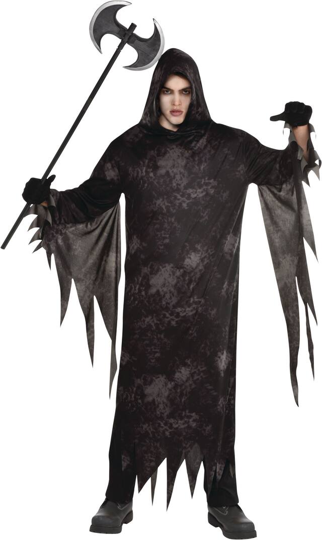 Adult Grim Reaper Tattered Ghoul Robe with Hood, Black, One Size, Wearable Costume Accessory for Halloween Front_Flat