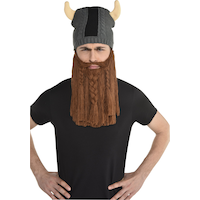 Viking Knit Beanie Hat with Beard, Grey/Brown, One Size, Wearable Costume Accessory for Halloween Front_Flat