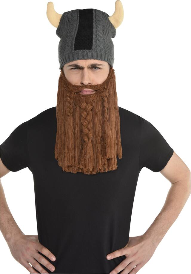 Viking Knit Beanie Hat with Beard, Grey/Brown, One Size, Wearable Costume Accessory for Halloween Front_Flat