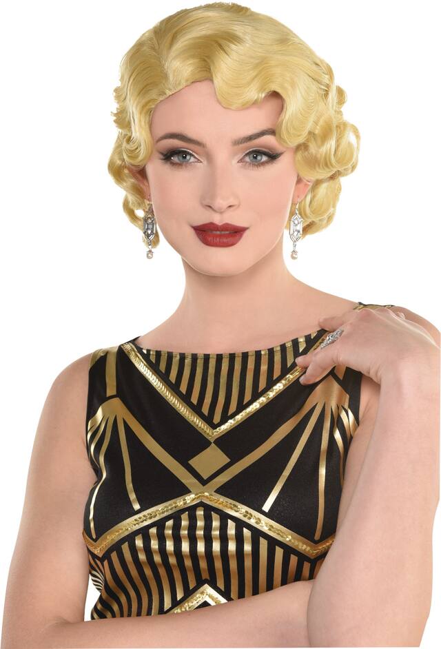 1920s Finger Wave Short Hair Wig, Blonde, One Size, Wearable Costume Accessory for Halloween Front_Angled_Left