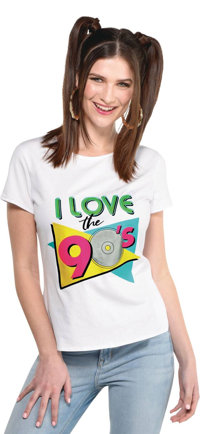 Adult 1990s "I Love The 90's" Retro T-Shirt, White Multi-Coloured, L/XL, Wearable Costume Accessory for Halloween Front_Flat