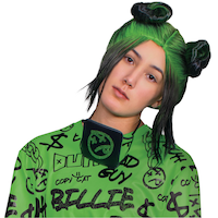 Perruque raide de Billie Eilish à double chignon, vert/noir, taille unique, accessoire de costume à porter pour l'Halloween Front_Flat