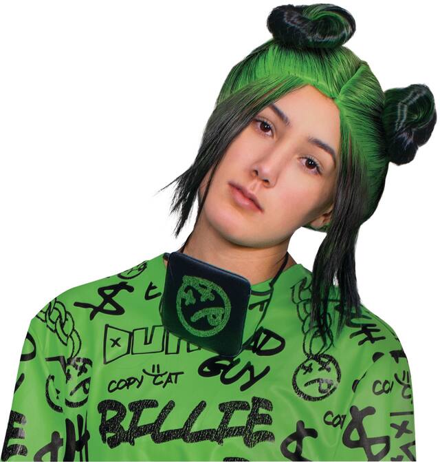 Billie Eilish Double Bun Straight Hair Wig, Green/Black, One Size, Wearable Costume Accessory for Halloween Front_Flat