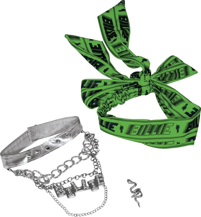 Billie Eilish Kit with Chain Necklace, Headwrap & Snake Ring, Green/Silver, One Size, 3-pk, Wearable Costume Accessories for Halloween Composite_or_Mixed