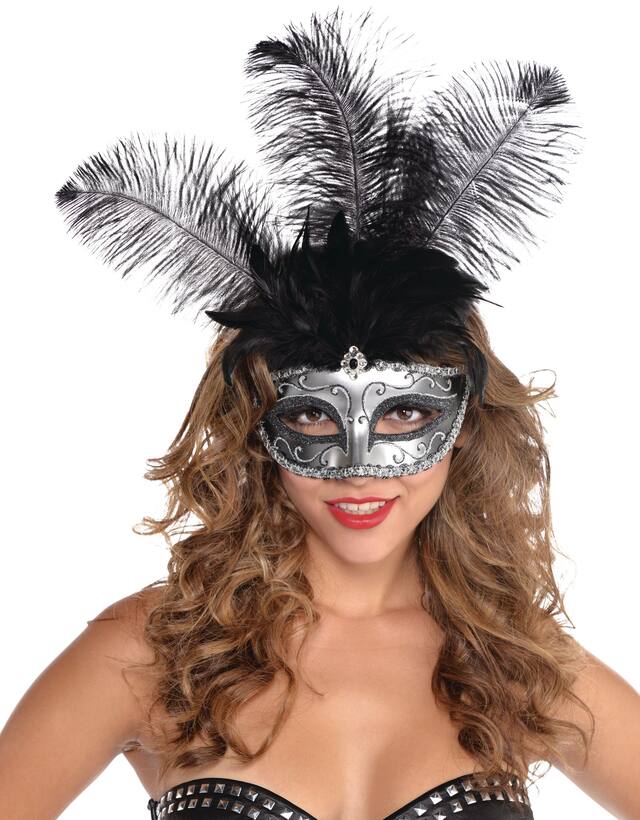 Masque de mascarade à plumes argentées Front_Flat