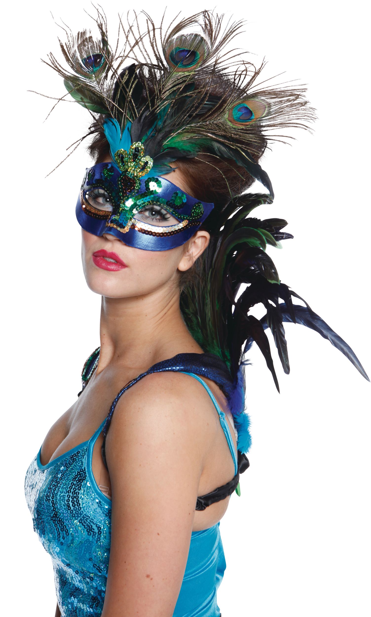 Peacock Feather Masquerade Mask Front_Three_Fourths_Angled_Left