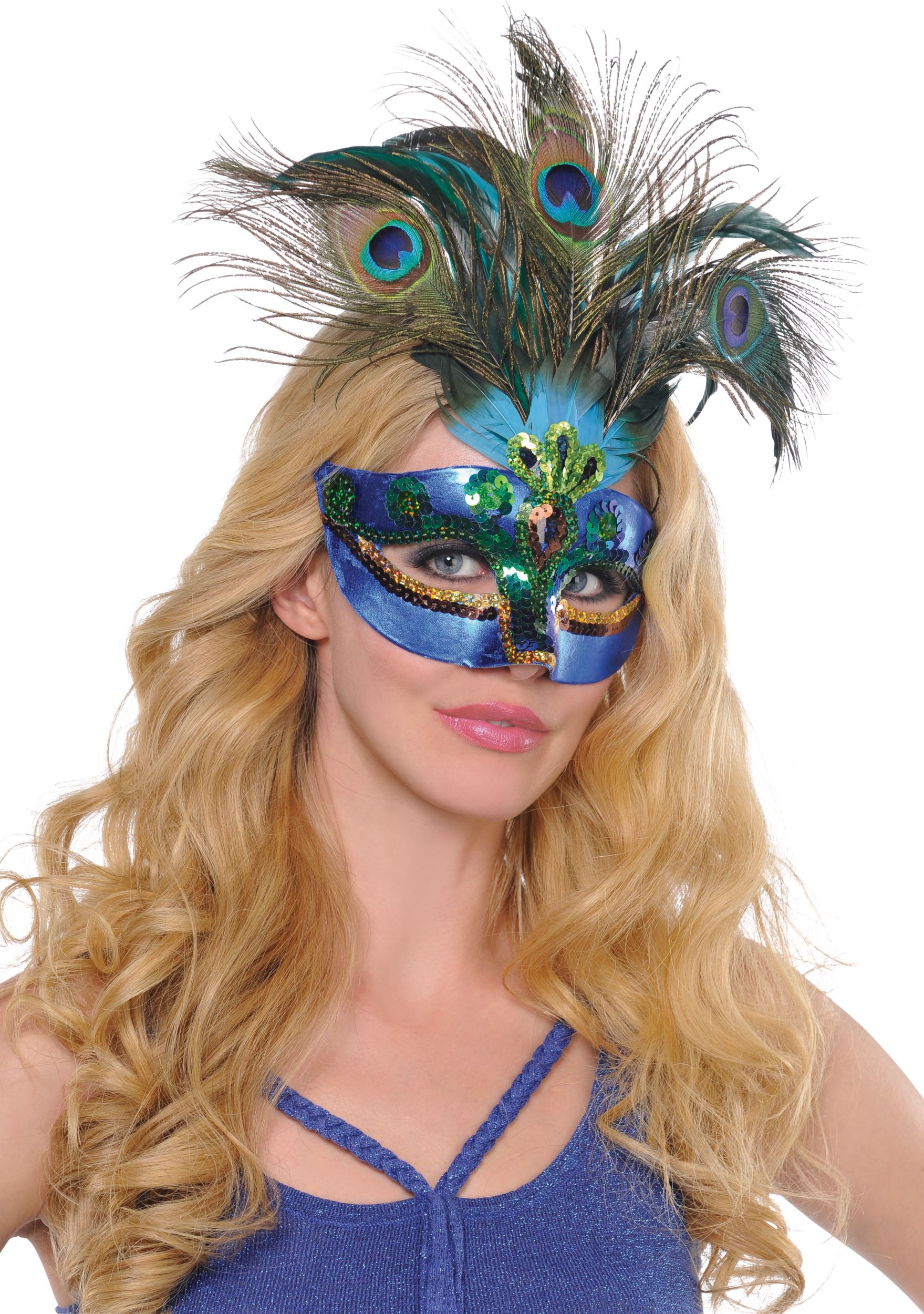 Peacock Feather Masquerade Mask Front_Angled_Right