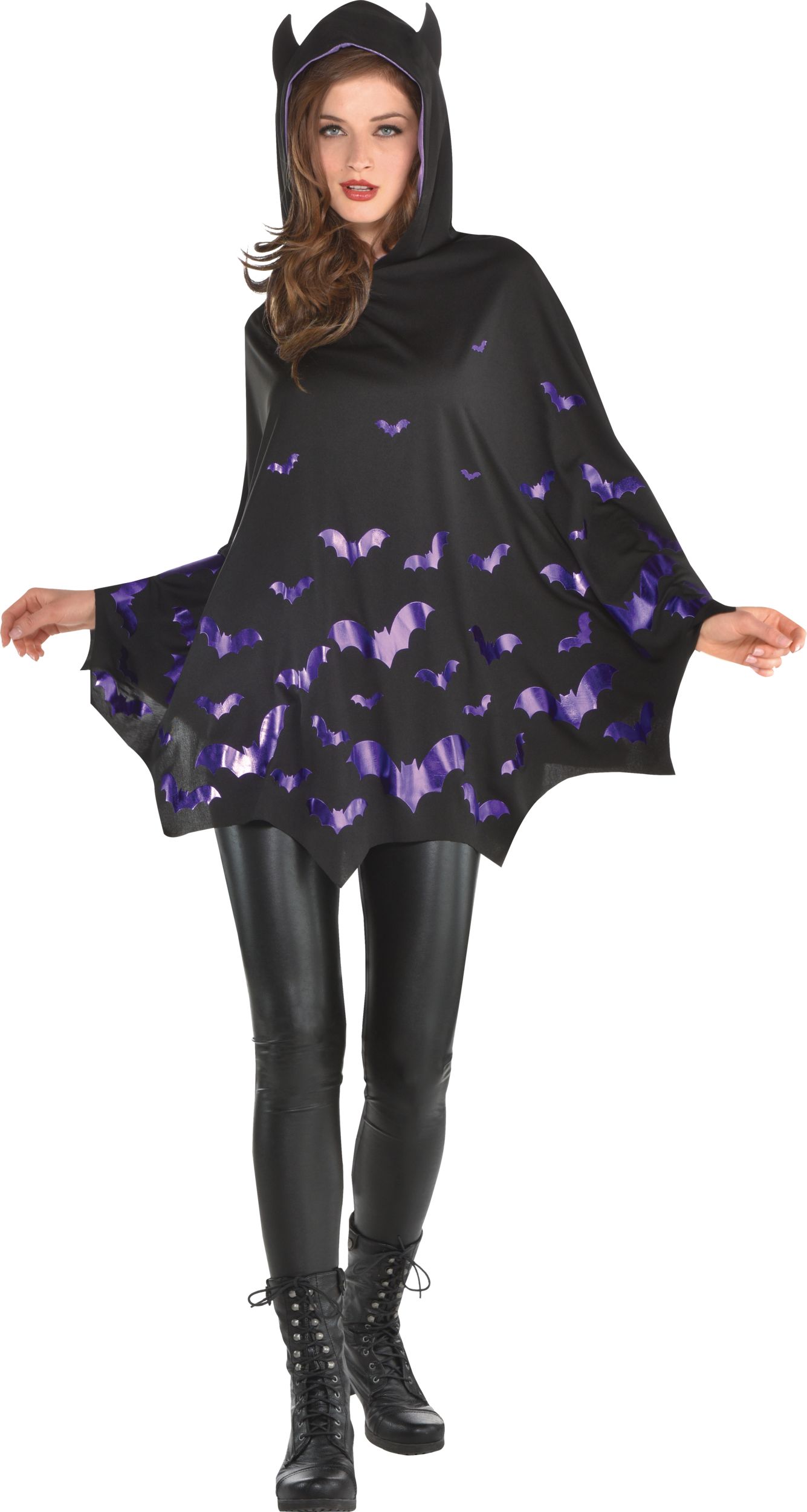 Poncho chauve-souris métallique avec capuchon, noir/violet, taille universelle, accessoire de costume à porter pour l'Halloween Front_Flat