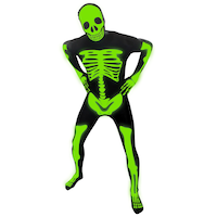 Men's X-Ray Skeleton Black/Green Glow-in-the-Dark Jumpsuit with Mask & Gloves Halloween Costume, Assorted Sizes Front_Angled_Left