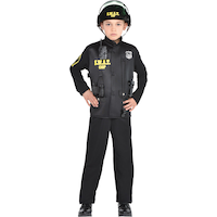 Costume d'agent du SWAT, enfants, tenue noire avec manteau/pantalon/chapeau, tailles variées Front_Flat