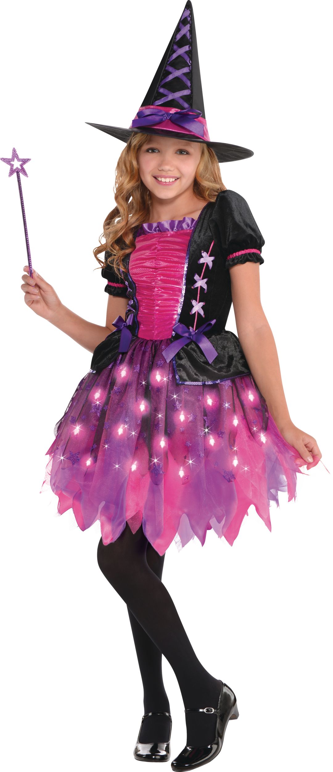 Disguise Play Time Girls Witch Costume + Hat - Purple/Pink/Black - Size S  (4-6X) 