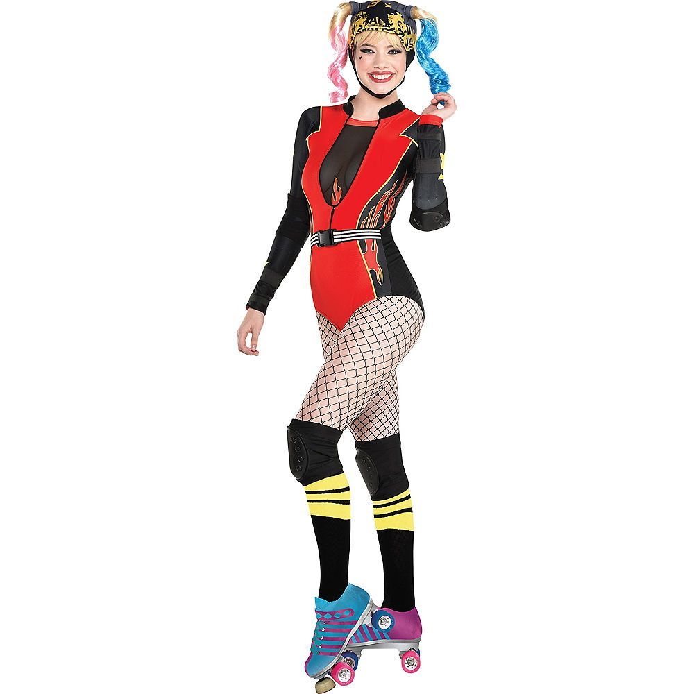 Women's DC Birds of Prey Harley Quinn Red/Black Jumpsuit with Socks & Tights Halloween Costume, Large Front_Angled_Left